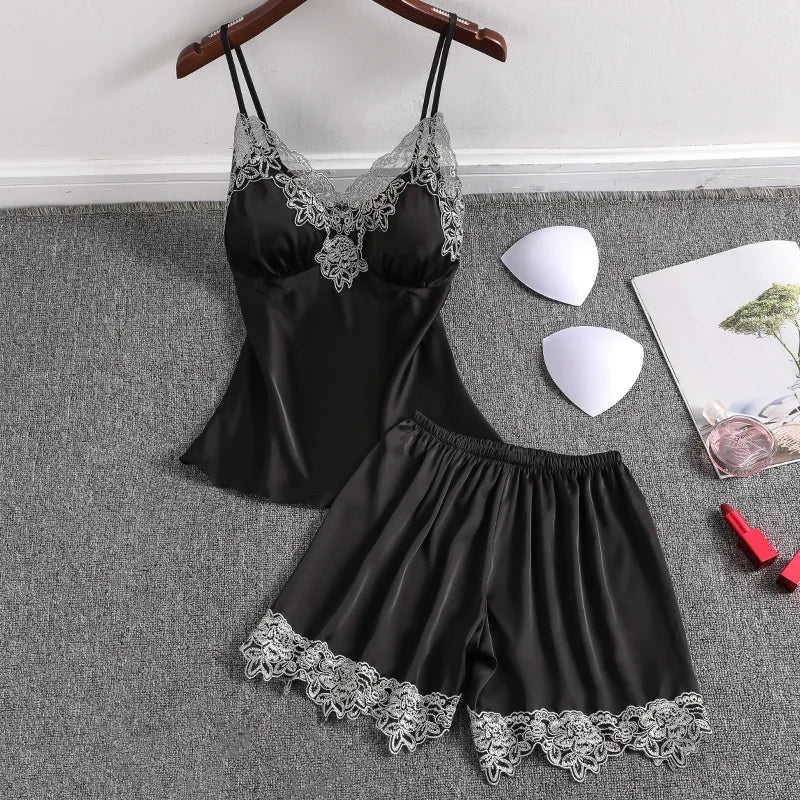 طقم بيجامات صيفي جديد من الساتان مكون من قطعتين مع حزام وقميص قصير وملابس نوم نسائية مثيرة وملابس نوم من الدانتيل وملابس داخلية حميمية وقميص نوم وملابس منزلية