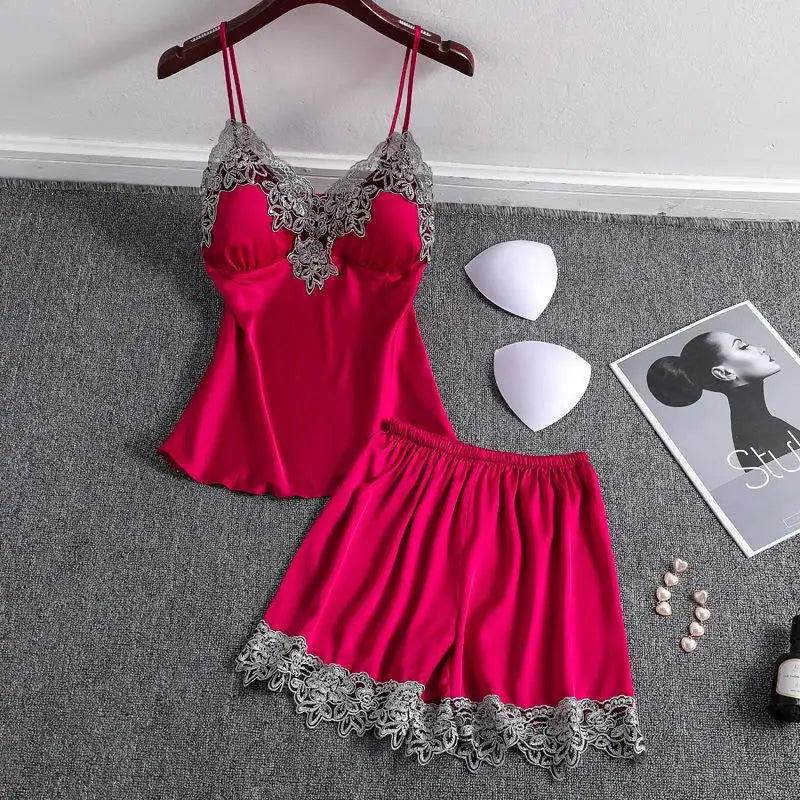 طقم بيجامات صيفي جديد من الساتان مكون من قطعتين مع حزام وقميص قصير وملابس نوم نسائية مثيرة وملابس نوم من الدانتيل وملابس داخلية حميمية وقميص نوم وملابس منزلية