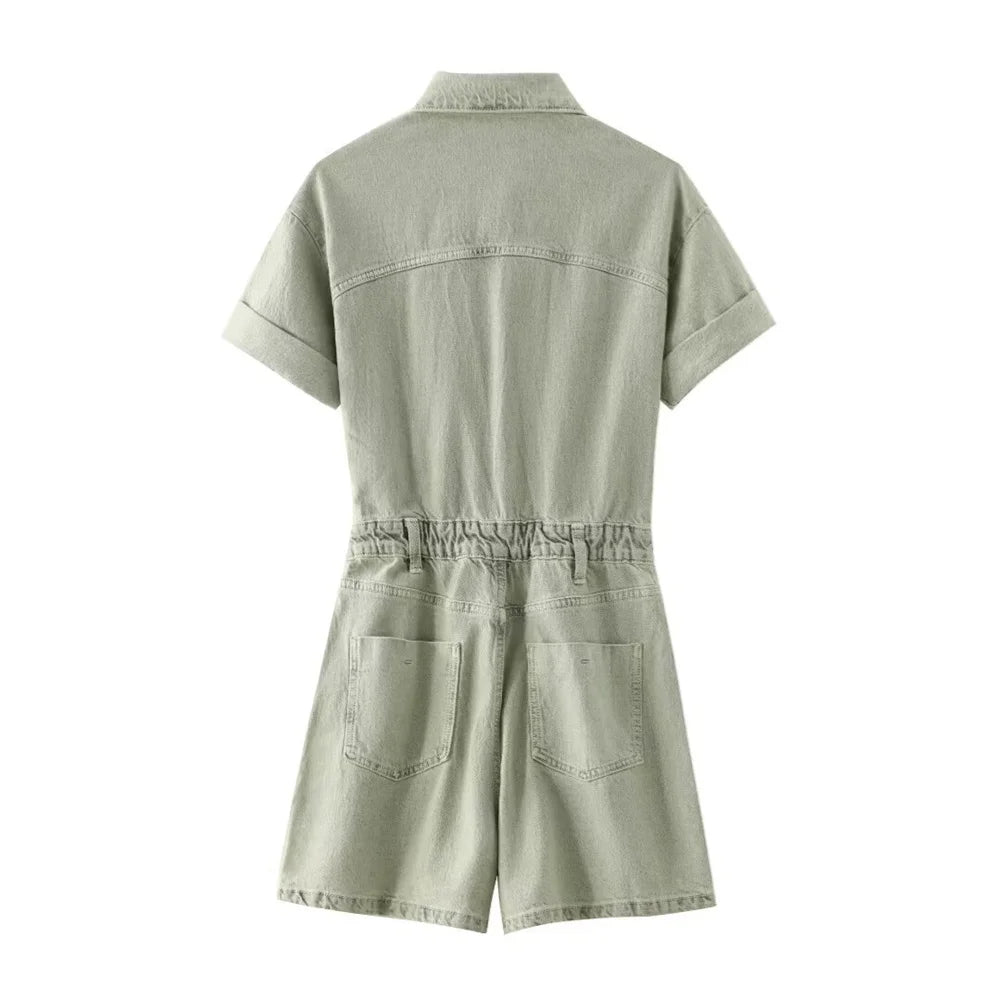 جمبسوت جينز قصير للنساء من ZARF مع مشبك جيب مزخرف لفصل الربيع والصيف ملابس نسائية غير رسمية جديدة