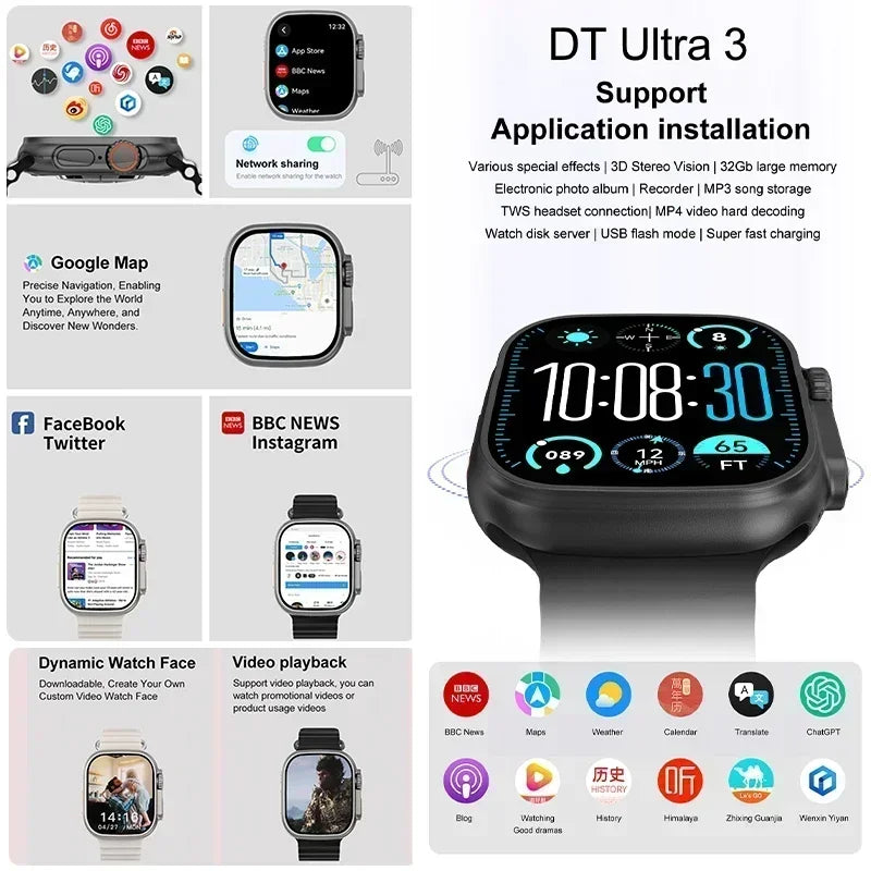 ساعة ذكية DT Ultra 3 Pro جديدة لعام 2025 مزودة بنظام تحديد المواقع العالمي (GPS) من جوجل وذاكرة 32 جيجابايت وموسيقى وفيديو وNFC وبلوتوث ومكالمات مقاومة للماء تعمل بنظامي Android وiOS