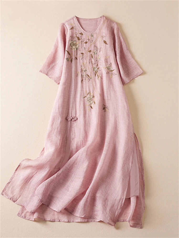 Summer Print Vintage Dresses For Women 2026 New Casual Long Thin Breathable Dress Femme Robe Office Lady Work Elegant Clothing