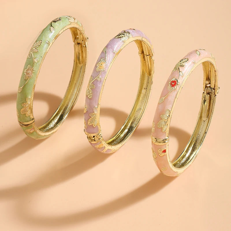 FTCY 3 Pcs Fine small Flower enamel bracelet For Women Retro Cloisonne Bangle Gold Color Plated Bracelet For Girls Luxury Jewe