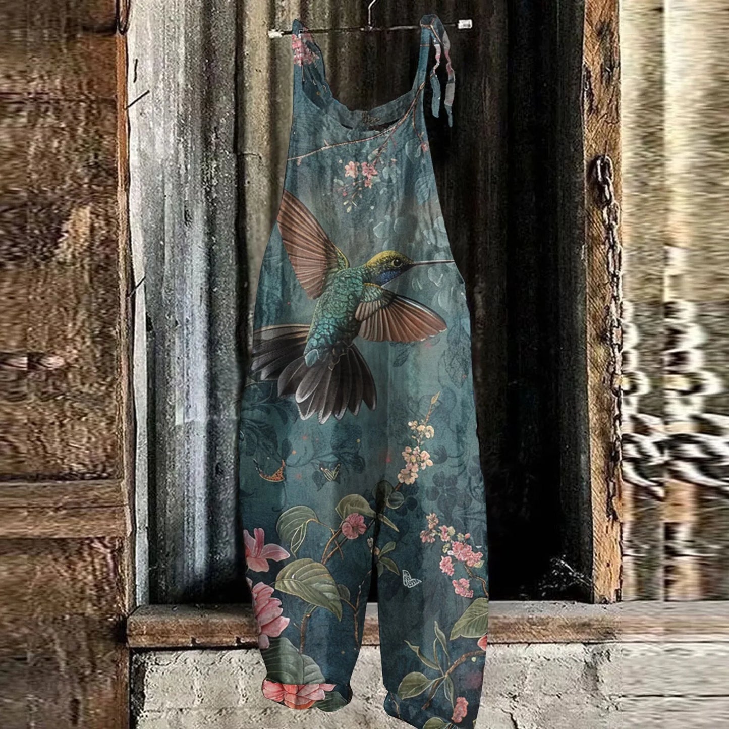 جمبسوت نسائي كاجوال فضفاض بطبعة زهور وحمالات كتف كلاسيكية من القطن والكتان للنساء جمبسوت نسائي كاجوال