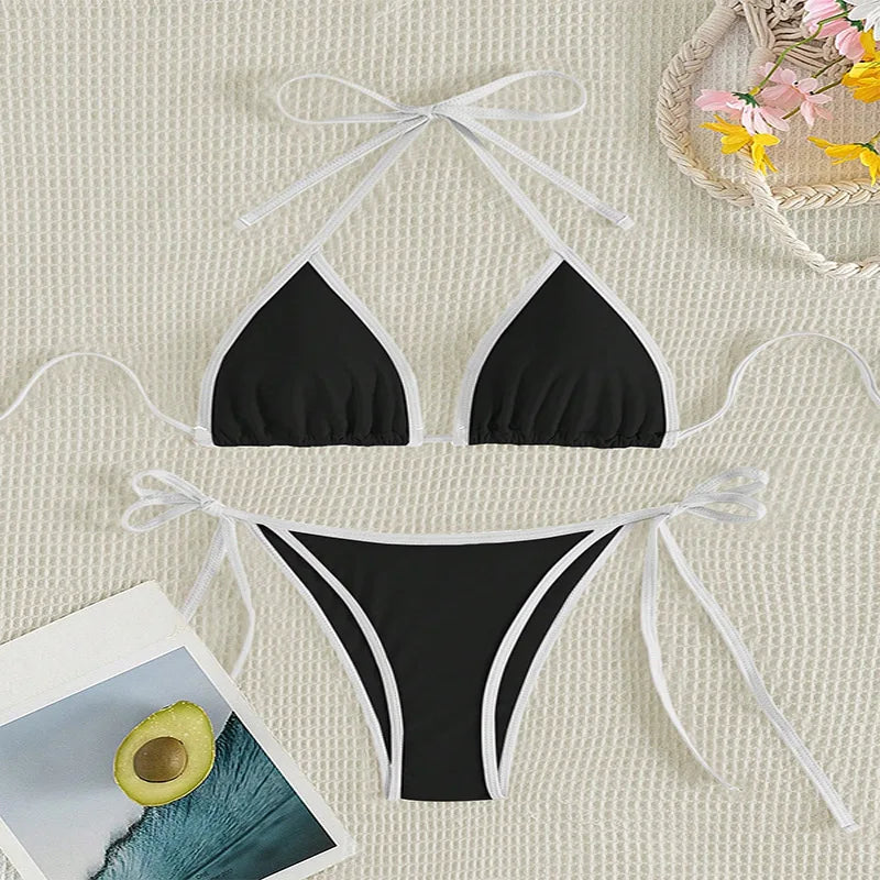 Yiiciovy Sexy Halter Bikini Set Women's 2 Piece Swimsuits Summer Contrast Line Triangle Thong Swimwear Brazilian Bathing Suits