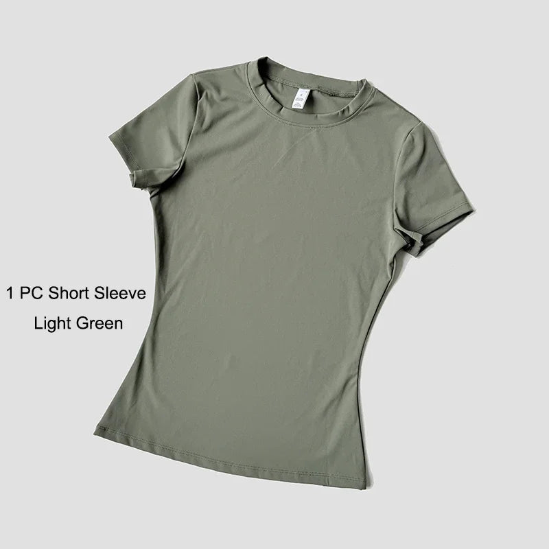 مجموعة يوغا نسائية ملابس رياضية ملابس تمرين ملابس رياضية بنطال رياضي ضيق لياقة بدنية قميص قصير الأكمام بدلة رياضية