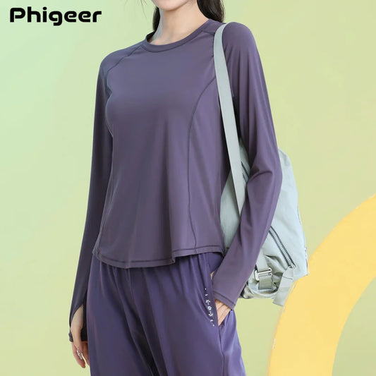 قميص يوجا نسائي بأكمام طويلة من PHIGEER سريع الجفاف وخفيف الوزن لممارسة التمارين الرياضية وملابس رياضية فضفاضة قابلة للتنفس وقميص للجري وملابس رياضية جديدة