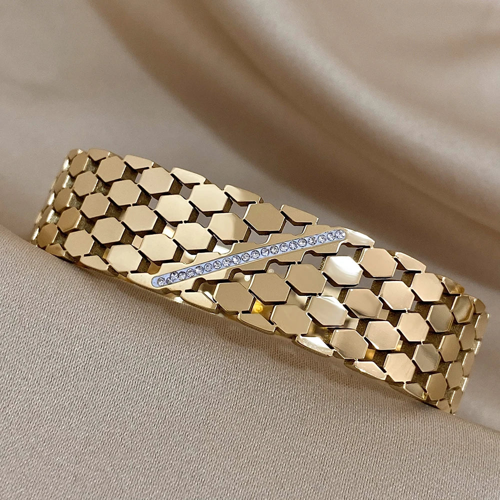 Luxury Charm Stainless Steel Cuff Bracelet for Women Fashion Zircon Geometric Gold Silver Color Wrist Bangles Waterproof Jewelry