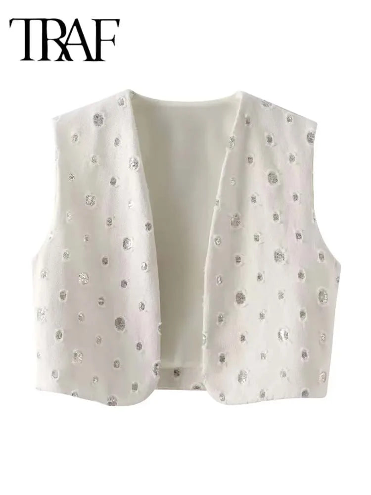 طقم تنورة أنيقة مزينة بالترتر من TRAF للنساء، مكون من قطعتين، صدرية لامعة بدون أكمام، طقم تنورة بسحاب، موضة صيف 2024