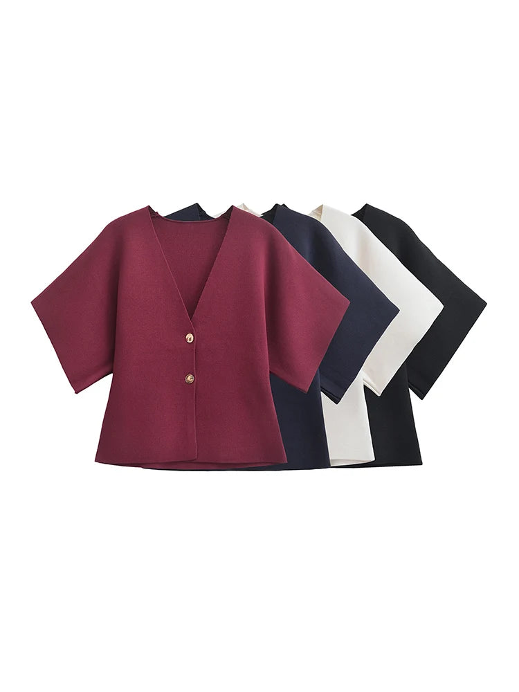 2024 النمط الأوروبي والأمريكي خريف جديد أزياء نسائية نمط بسيط عادية إبرة عادية قصيرة الأكمام الخامس الرقبة محبوك أعلى