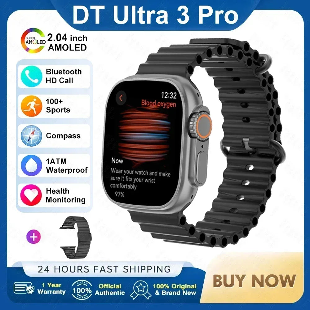 ساعة ذكية DT Ultra 3 Pro جديدة لعام 2025 مزودة بنظام تحديد المواقع العالمي (GPS) من جوجل وذاكرة 32 جيجابايت وموسيقى وفيديو وNFC وبلوتوث ومكالمات مقاومة للماء تعمل بنظامي Android وiOS