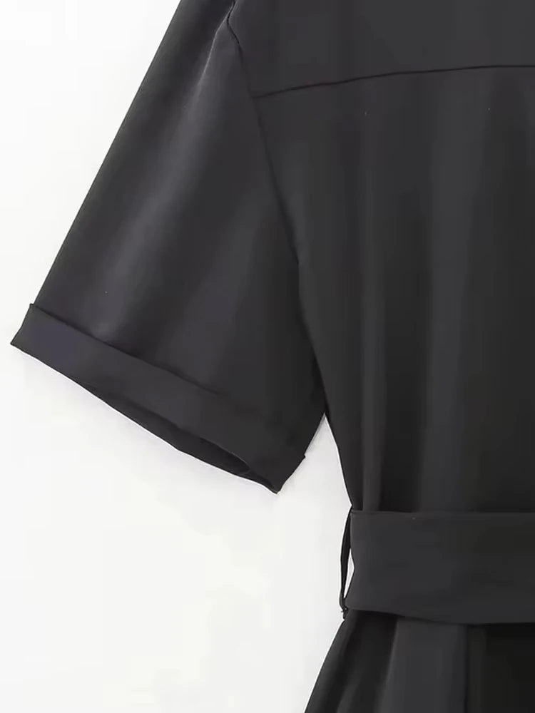 جمبسوت نسائي TRZA عصري بحزام وسحاب أمامي وأكمام قصيرة وجيوب جانبية