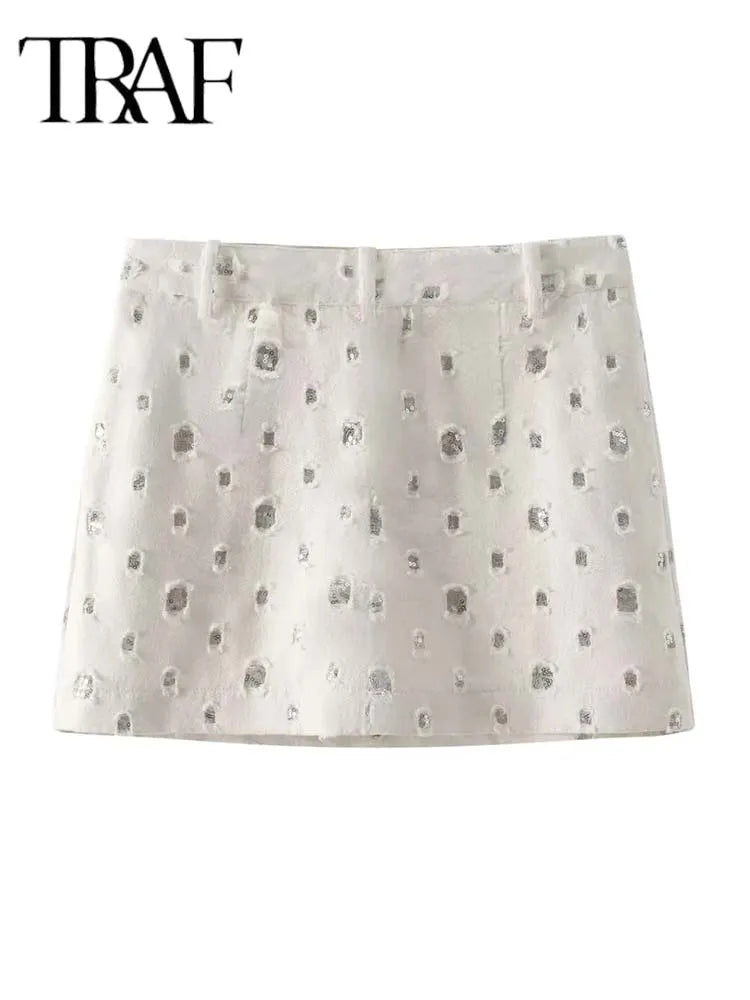 طقم تنورة أنيقة مزينة بالترتر من TRAF للنساء، مكون من قطعتين، صدرية لامعة بدون أكمام، طقم تنورة بسحاب، موضة صيف 2024