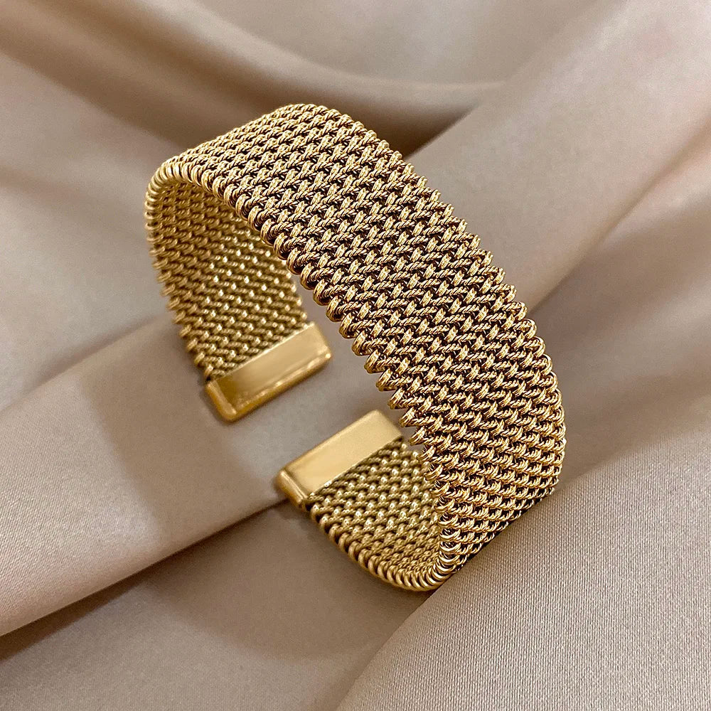Vintage Weave Golden Cuff Bracelets for Women Elegant Trendy Stainless Steel Chunky Bracelet Bangle Waterproof Jewelry Gifts