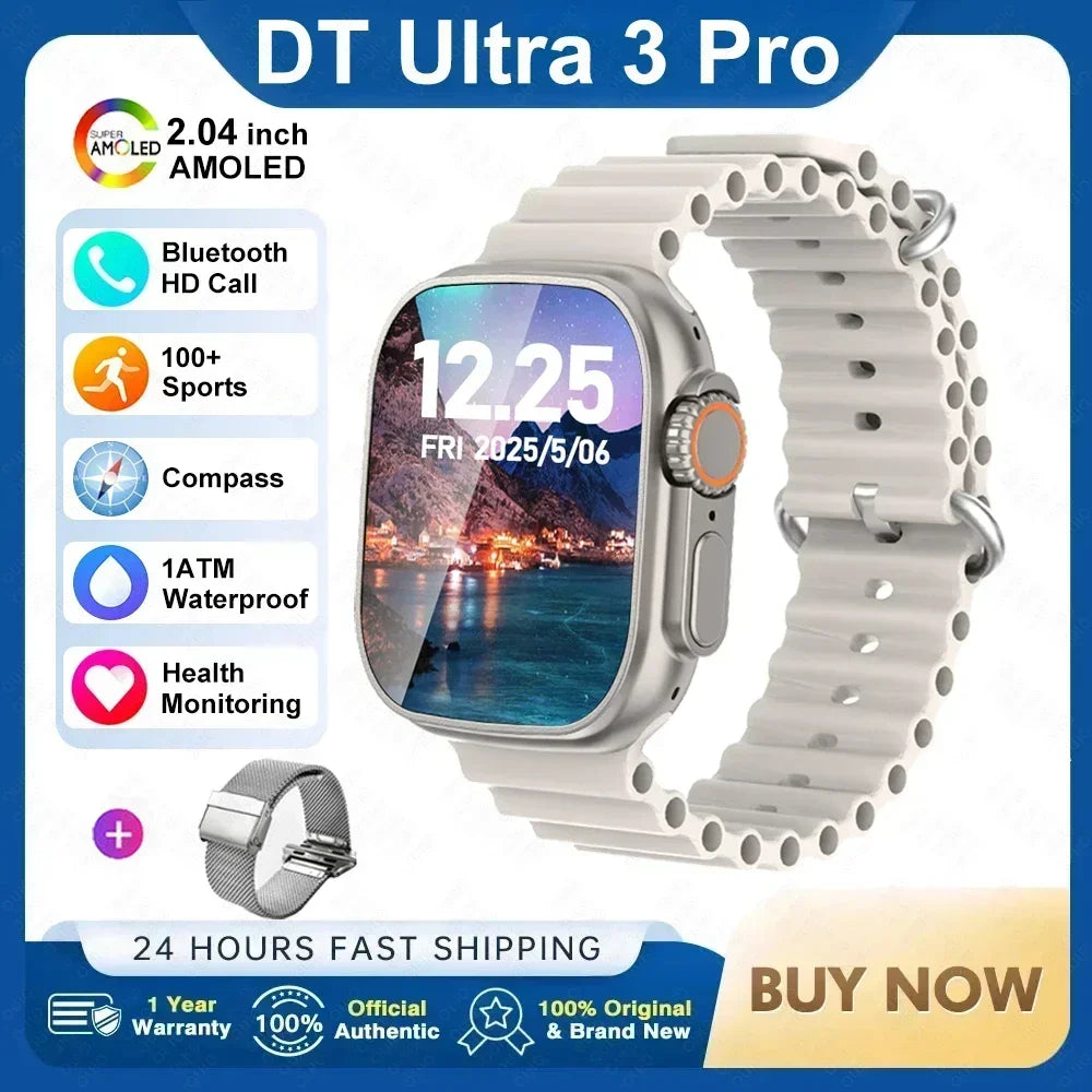 ساعة ذكية DT Ultra 3 Pro جديدة لعام 2025 مزودة بنظام تحديد المواقع العالمي (GPS) من جوجل وذاكرة 32 جيجابايت وموسيقى وفيديو وNFC وبلوتوث ومكالمات مقاومة للماء تعمل بنظامي Android وiOS
