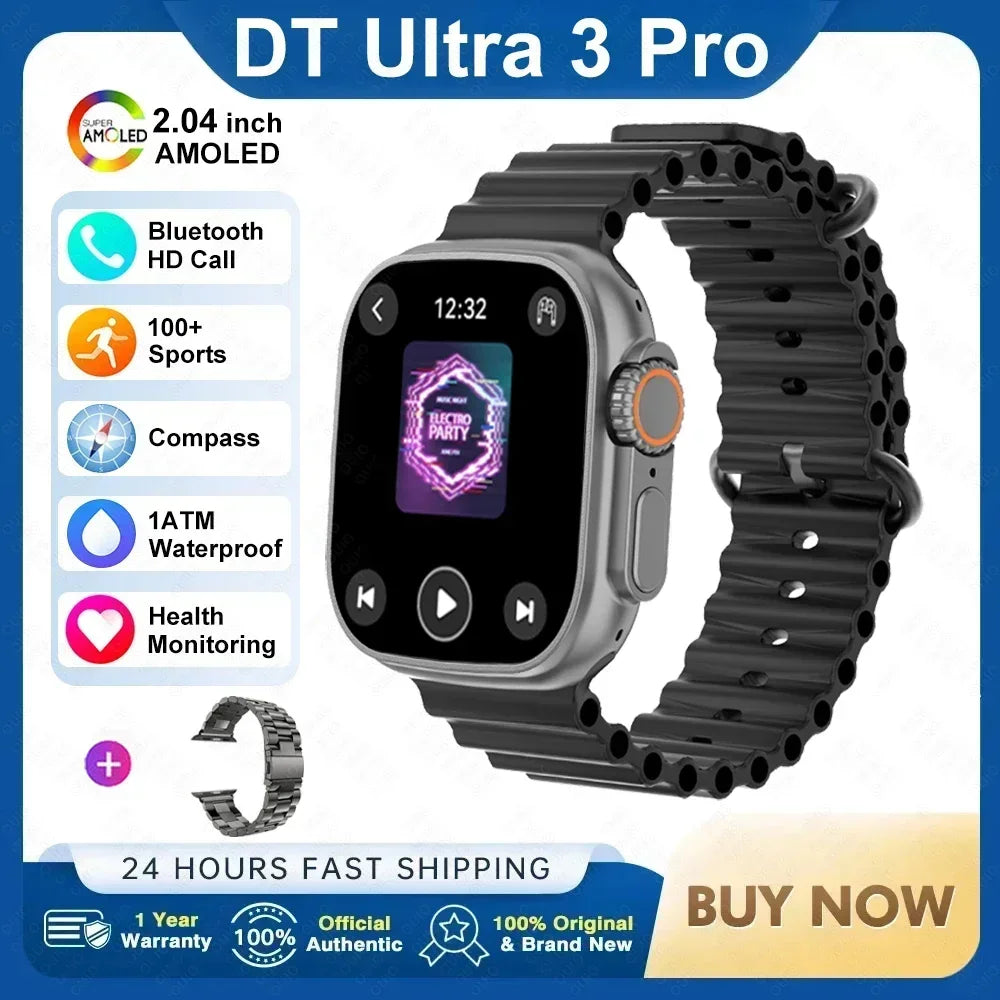 ساعة ذكية DT Ultra 3 Pro جديدة لعام 2025 مزودة بنظام تحديد المواقع العالمي (GPS) من جوجل وذاكرة 32 جيجابايت وموسيقى وفيديو وNFC وبلوتوث ومكالمات مقاومة للماء تعمل بنظامي Android وiOS
