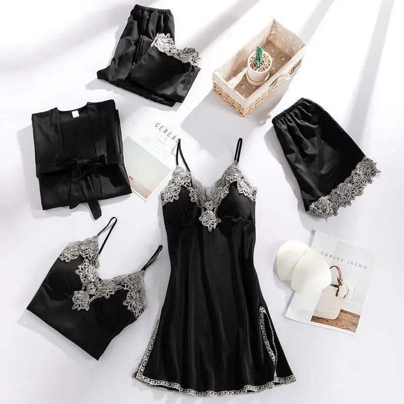 طقم بيجامات نسائي مثير من 5 قطع، بيجامات دانتيل، بياقة على شكل حرف V، بيجامات ساتان، ملابس داخلية حميمية، ملابس نوم ربيعية، ملابس منزلية، بيجامات