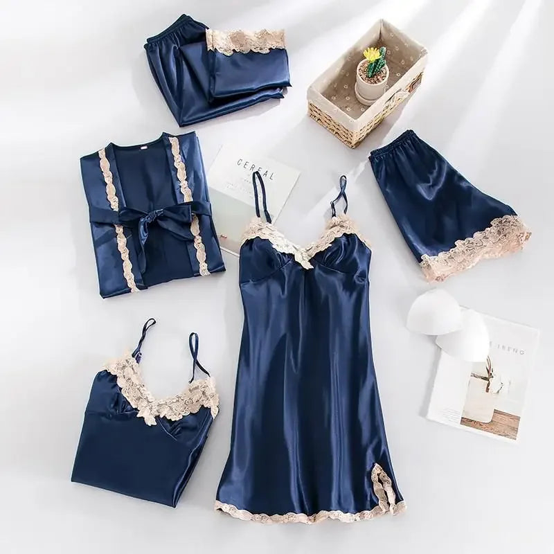 طقم بيجامات نسائي مثير من 5 قطع، بيجامات دانتيل، بياقة على شكل حرف V، بيجامات ساتان، ملابس داخلية حميمية، ملابس نوم ربيعية، ملابس منزلية، بيجامات