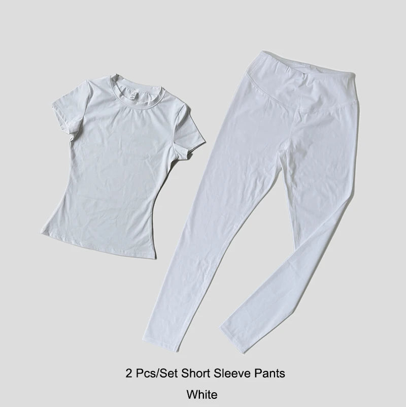 مجموعة يوغا نسائية ملابس رياضية ملابس تمرين ملابس رياضية بنطال رياضي ضيق لياقة بدنية قميص قصير الأكمام بدلة رياضية