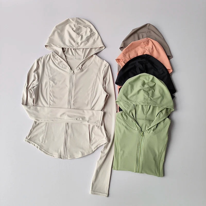 سترة يوجا نسائية بأكمام طويلة وقمصان رياضية بسحاب وقميص لياقة بدنية وغطاء رأس دافئ للشتاء وقميص رياضي ومعاطف للجري وملابس للتمرين