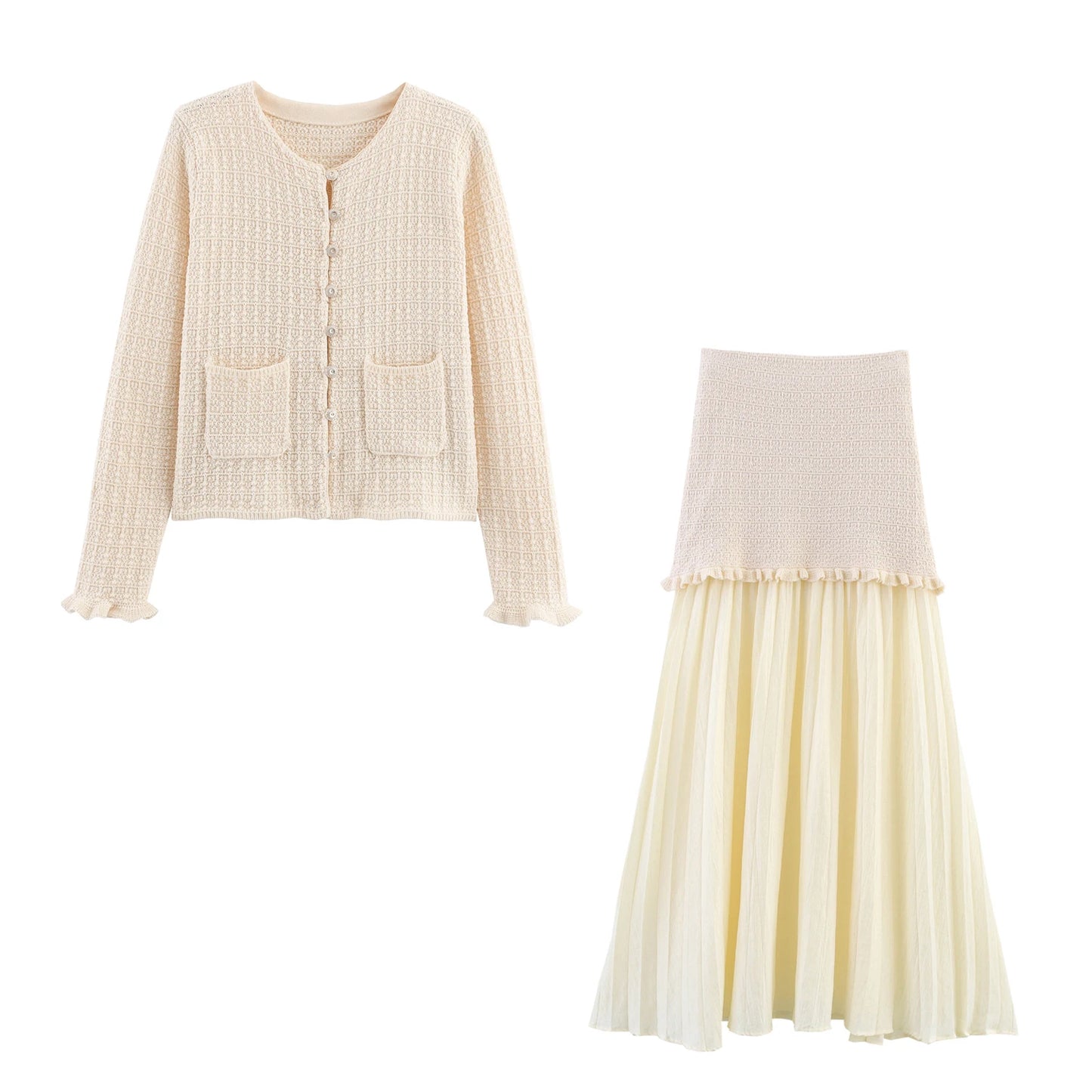 DEEABAE Autumn And Winter New Round Neck Buckle Decoration Gentle and Versatile Short Sleeve Knitted Cardigan Half Skirt Set