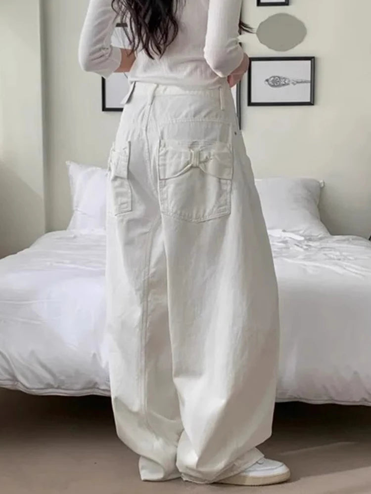Loose Women's Denim Jeans Ba ket Knot Design Spring New Sle Casual High Waist Wide Leg Pants Pure Color