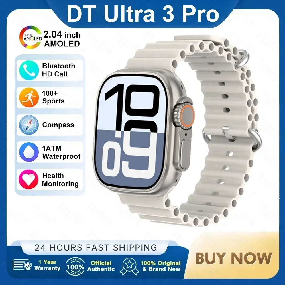 ساعة ذكية DT Ultra 3 Pro جديدة لعام 2025 مزودة بنظام تحديد المواقع العالمي (GPS) من جوجل وذاكرة 32 جيجابايت وموسيقى وفيديو وNFC وبلوتوث ومكالمات مقاومة للماء تعمل بنظامي Android وiOS