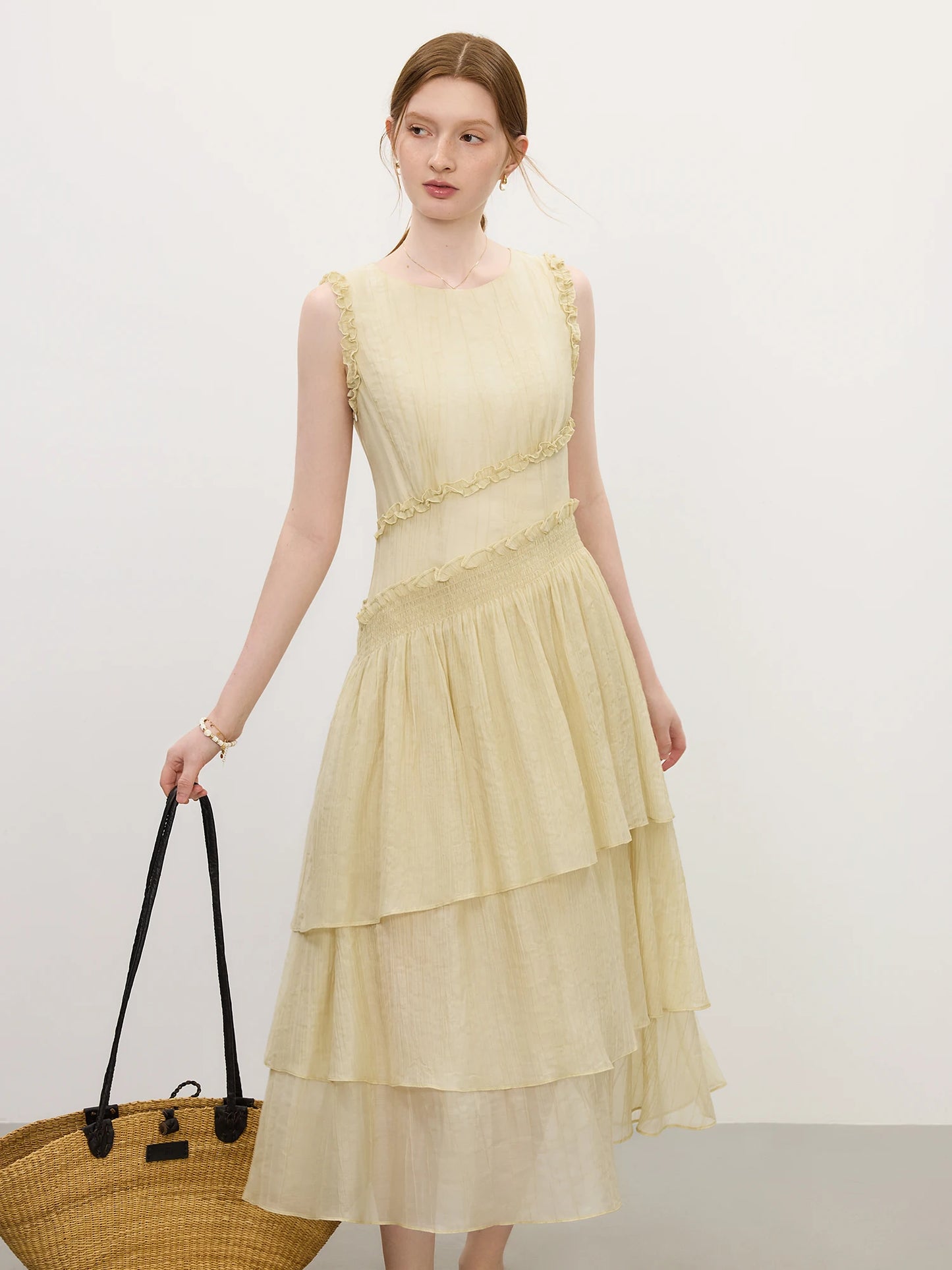 FSLE Summer 2025 Textured Pleat Dress - Fluid Asymmetric Hem Sleeveless Resort to Office Elegant Silhouette
