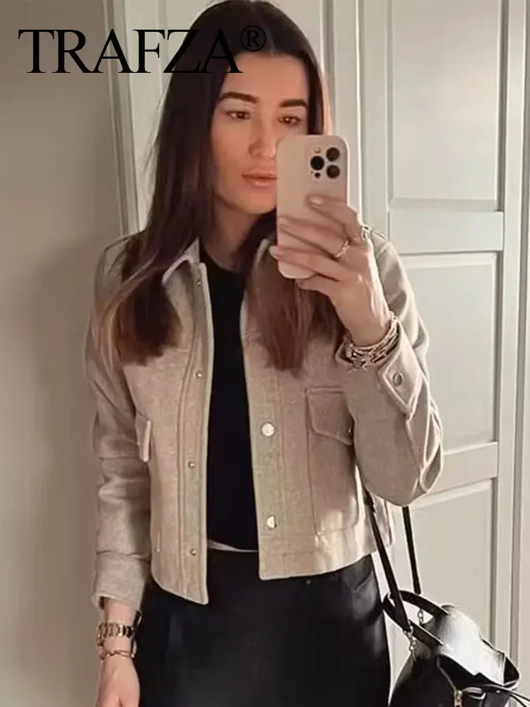 جاكيتات TRAFZA للنساء، موضة خريفية، جاكيت بأكمام طويلة وجيوب أمامية سادة، معطف خارجي أنيق غير رسمي للنساء