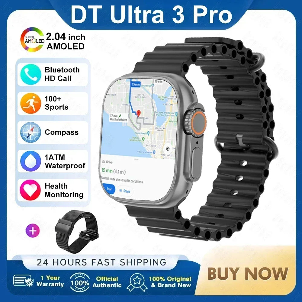 ساعة ذكية DT Ultra 3 Pro جديدة لعام 2025 مزودة بنظام تحديد المواقع العالمي (GPS) من جوجل وذاكرة 32 جيجابايت وموسيقى وفيديو وNFC وبلوتوث ومكالمات مقاومة للماء تعمل بنظامي Android وiOS