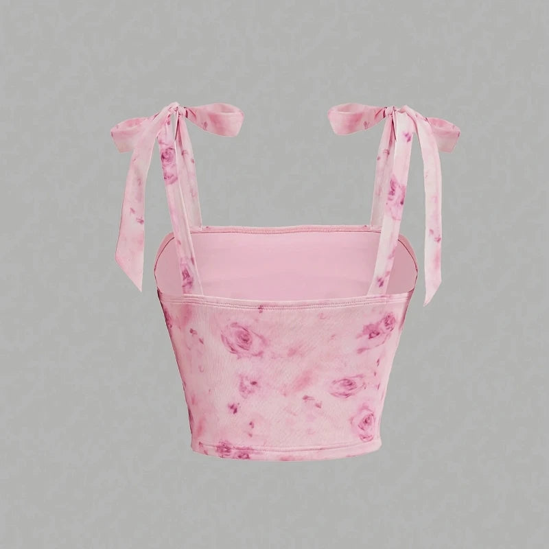 بلوزة قصيرة ضيقة بكتف مكشكش وحمالات عريضة، ملابس نسائية صيفية 2025، ملابس Y2K، بلوزة كاميس وردية مكشوفة الظهر، ملابس الشارع