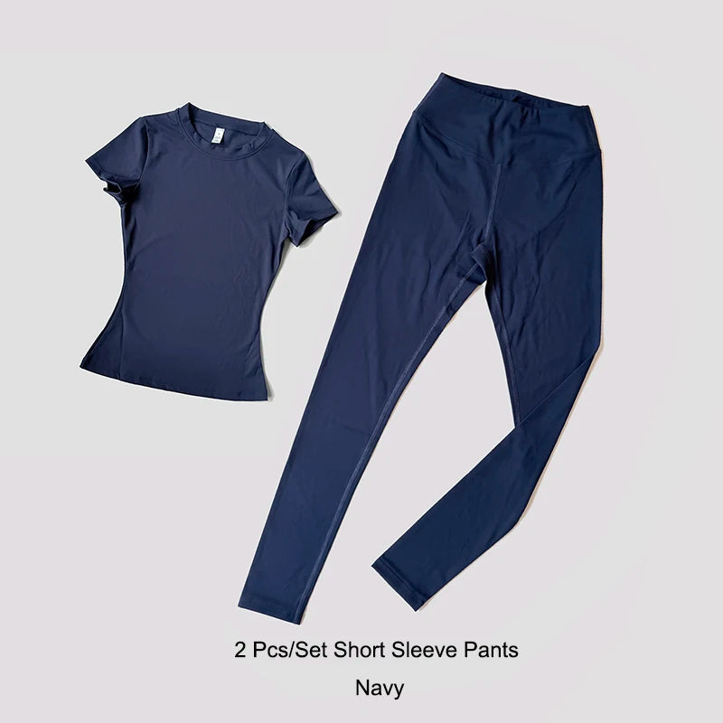 مجموعة يوغا نسائية ملابس رياضية ملابس تمرين ملابس رياضية بنطال رياضي ضيق لياقة بدنية قميص قصير الأكمام بدلة رياضية