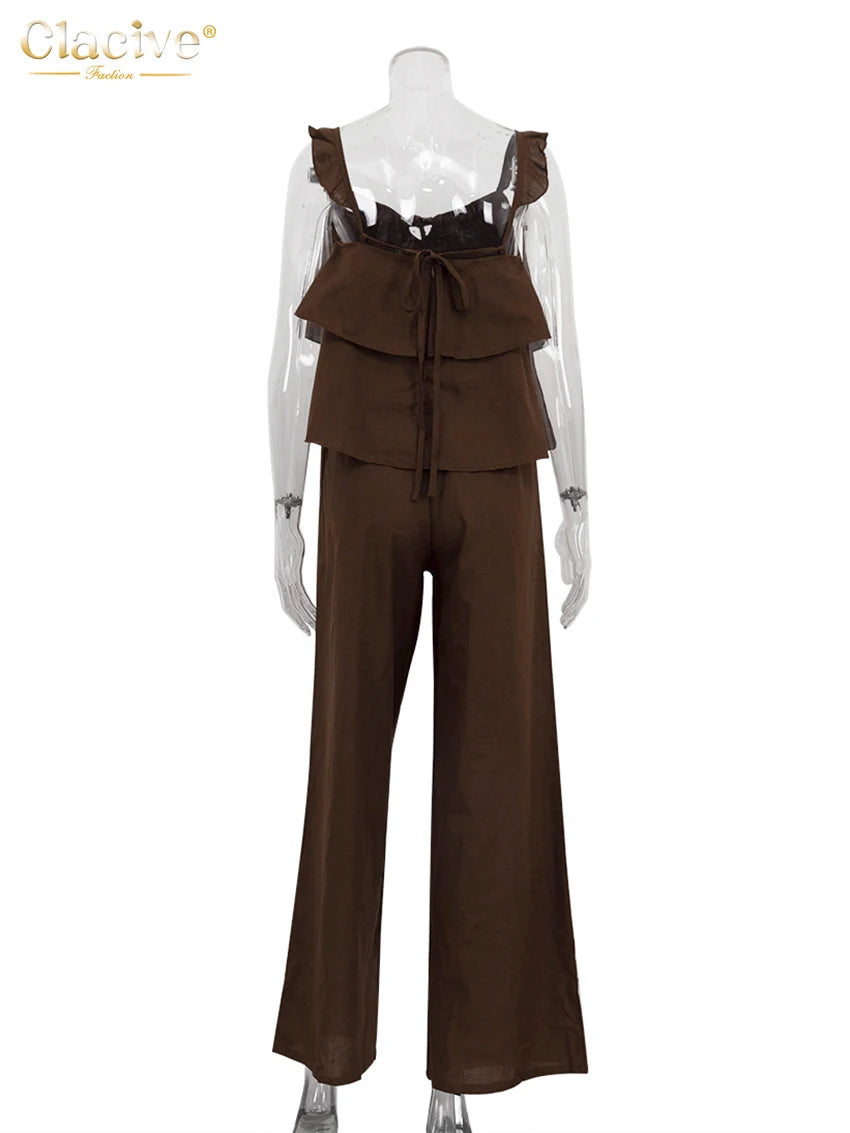 طقم نسائي من قطعتين من القطن الأبيض الفضفاض من Clacive صيفي 2025، مكون من بلوزة بدون أكمام مع بنطلون واسع وخصر مرتفع للنساء