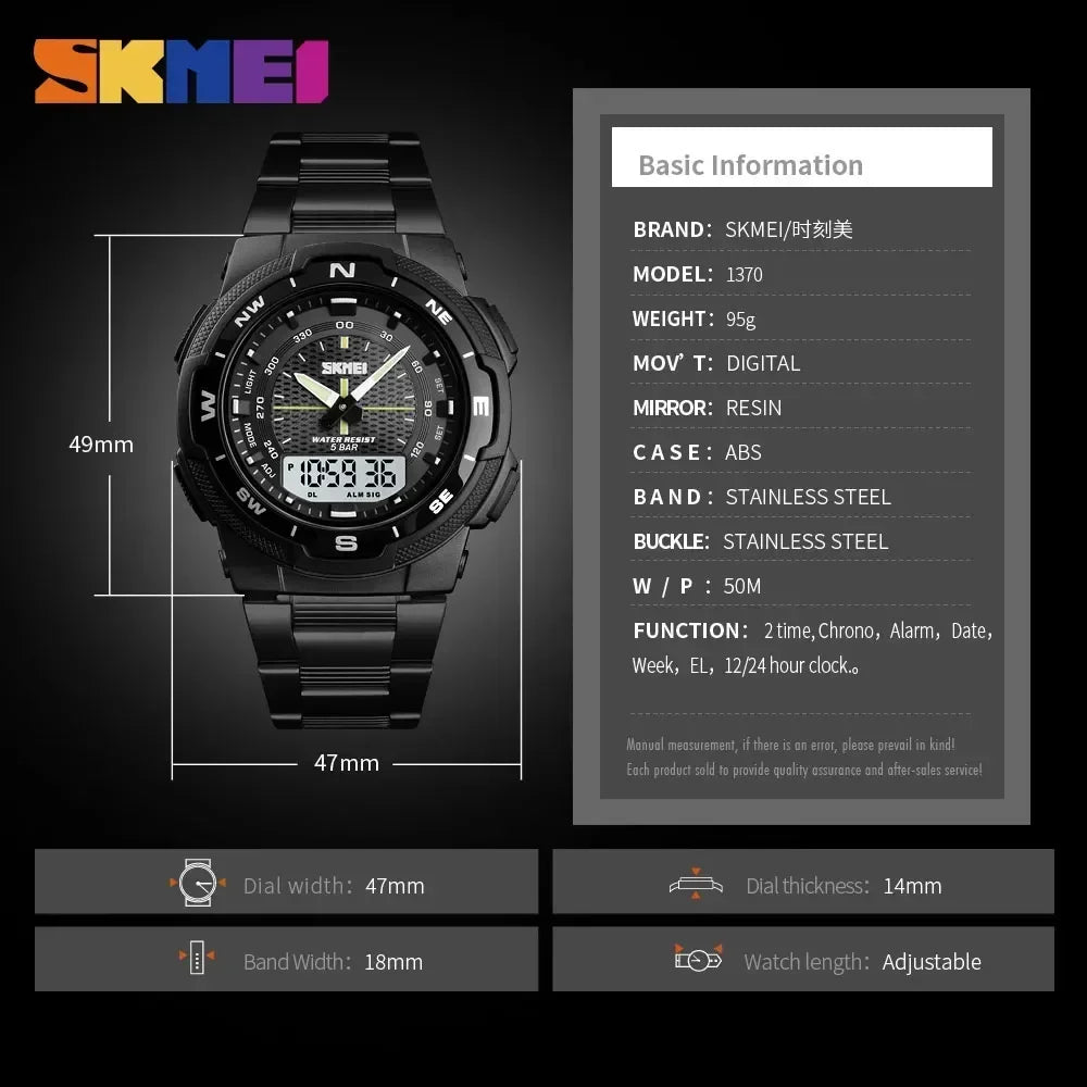 ساعة SKMEI 1370 الفاخرة المصنوعة من الفولاذ المقاوم للصدأ للأعمال، ساعة رجالية رياضية أنيقة من الكوارتز