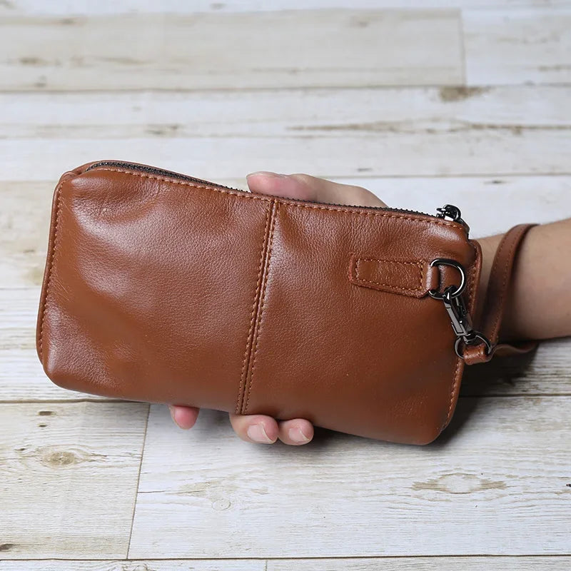 حقيبة يد جلدية أصلية للرجال من الجلد الناعم بتصميم كلاسيكي كاجوال بطبقة علوية من جلد البقر ومحفظة طويلة مع حقيبة هاتف بسحاب كبيرة السعة