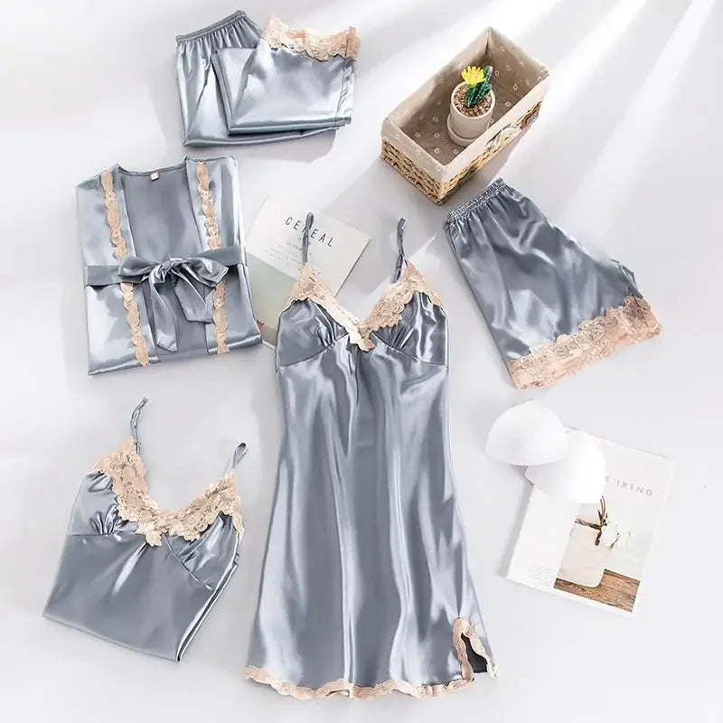طقم بيجامات نسائي مثير من 5 قطع، بيجامات دانتيل، بياقة على شكل حرف V، بيجامات ساتان، ملابس داخلية حميمية، ملابس نوم ربيعية، ملابس منزلية، بيجامات