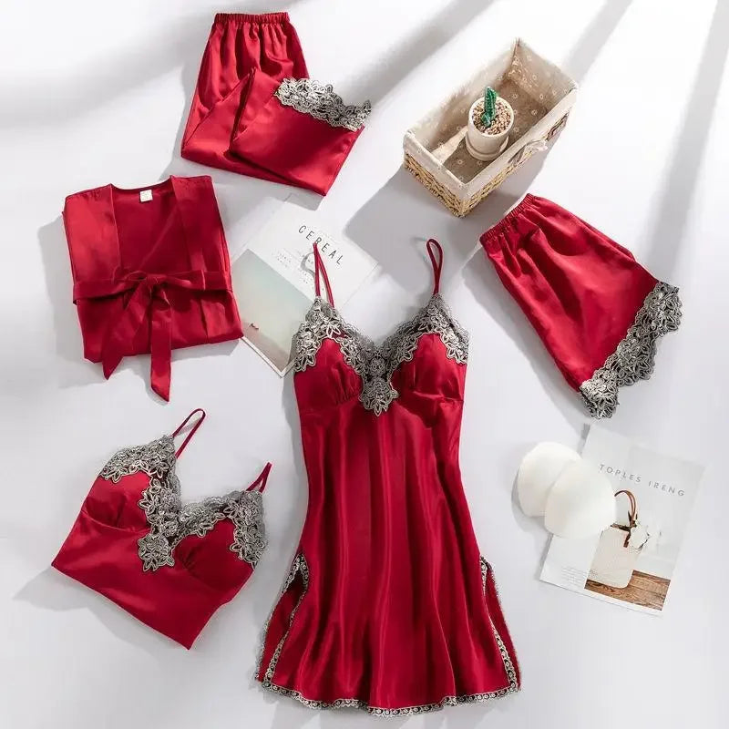 طقم بيجامات نسائي مثير من 5 قطع، بيجامات دانتيل، بياقة على شكل حرف V، بيجامات ساتان، ملابس داخلية حميمية، ملابس نوم ربيعية، ملابس منزلية، بيجامات