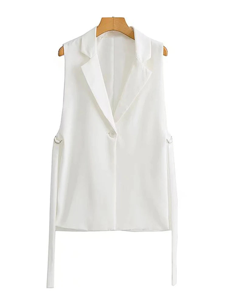 TRZA Women Fashion With Taps Side Vents Waistcoat Vintage Sleeveless Front Button Female Outerwear Chic Vest Tops