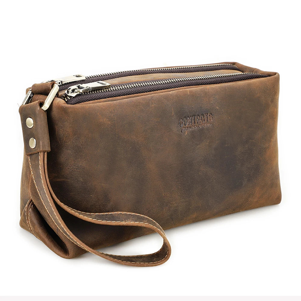 حقيبة كلاتش كاجوال للرجال من الجلد الأصلي بتصميم كلاسيكي من Crazy Horse، محفظة رجالية، حقيبة يد كبيرة السعة، حامل بطاقات، جيب صغير لجهاز iPad