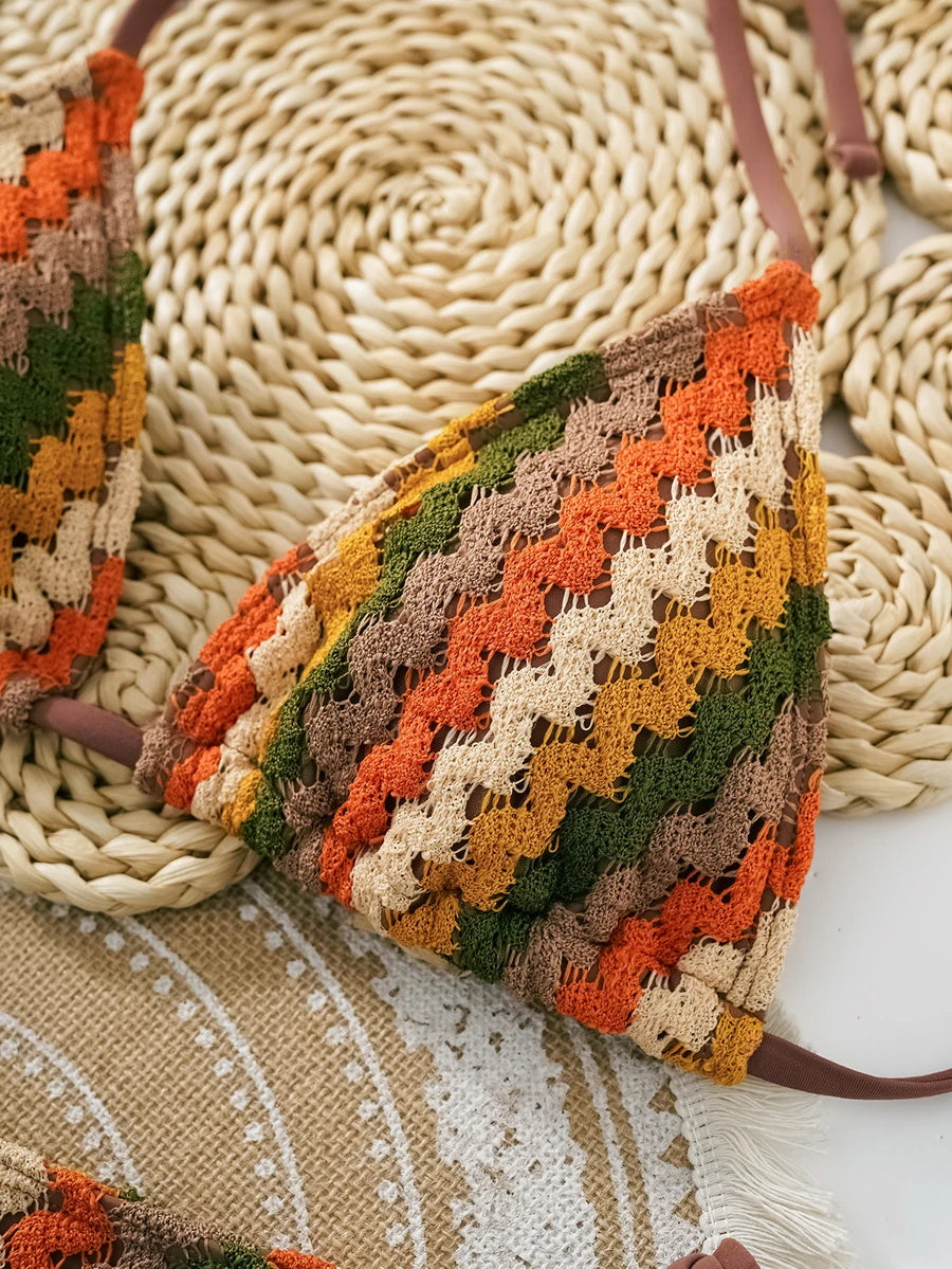 بيكيني بارا برايا كروشيه هالتر 2025 بيكيني محبوك ملابس سباحة نسائية مثيرة ملابس سباحة برازيلية بيكيني ضمادة