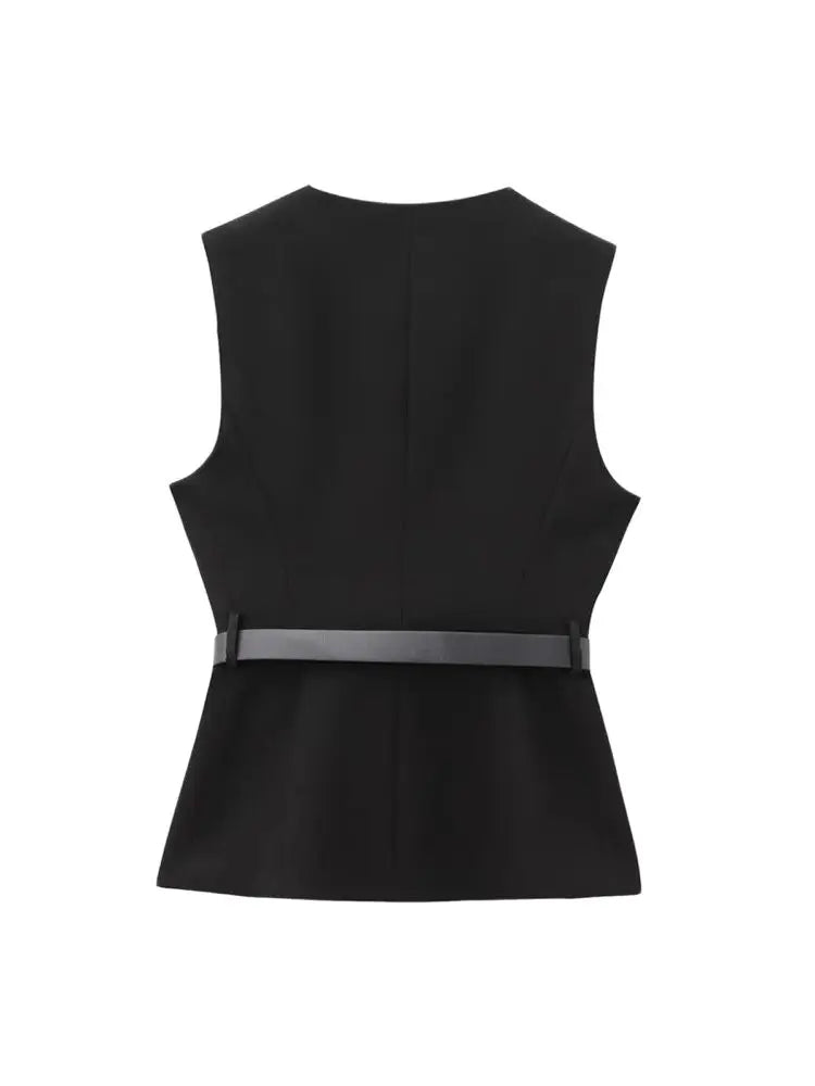 صدرية نسائية طويلة بحزام، زر أمامي ذهبي، صدرية بدون أكمام برقبة دائرية، ملابس خارجية نسائية، بلوزات أنيقة، موضة