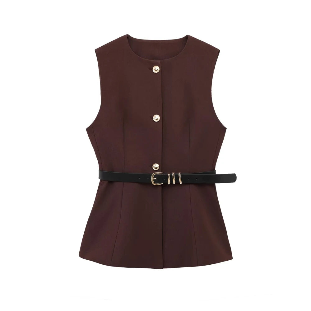 TRZA-Women's Long Waistcoat with Belt, Front Gold Button, O Neck Sleeveless Vest, Female Outerwear, Chic Tops, Fashion