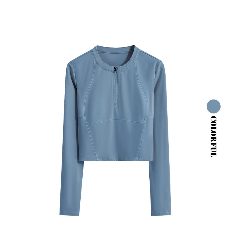 قميص يوغا قصير للنساء من DRUR بأكمام طويلة وقمصان رياضية خفيفة الوزن وملابس رياضية بنصف سحاب وسترات جري سريعة الجفاف وملابس لياقة بدنية نشطة