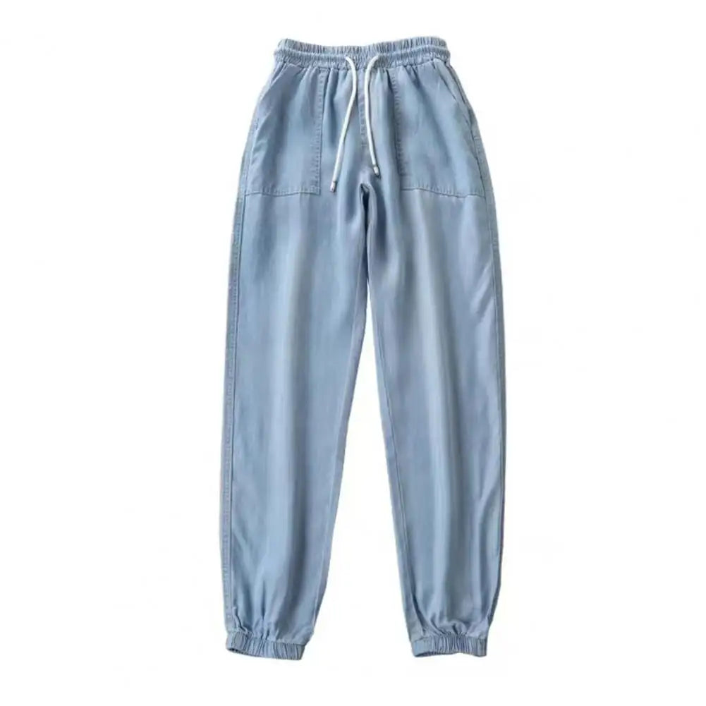 Summer Thin Ice Silk Jeans Women Elastic High Waist Drawstring Harem Pants Loose All-matched Beam Leg Nine Points Denim Pants
