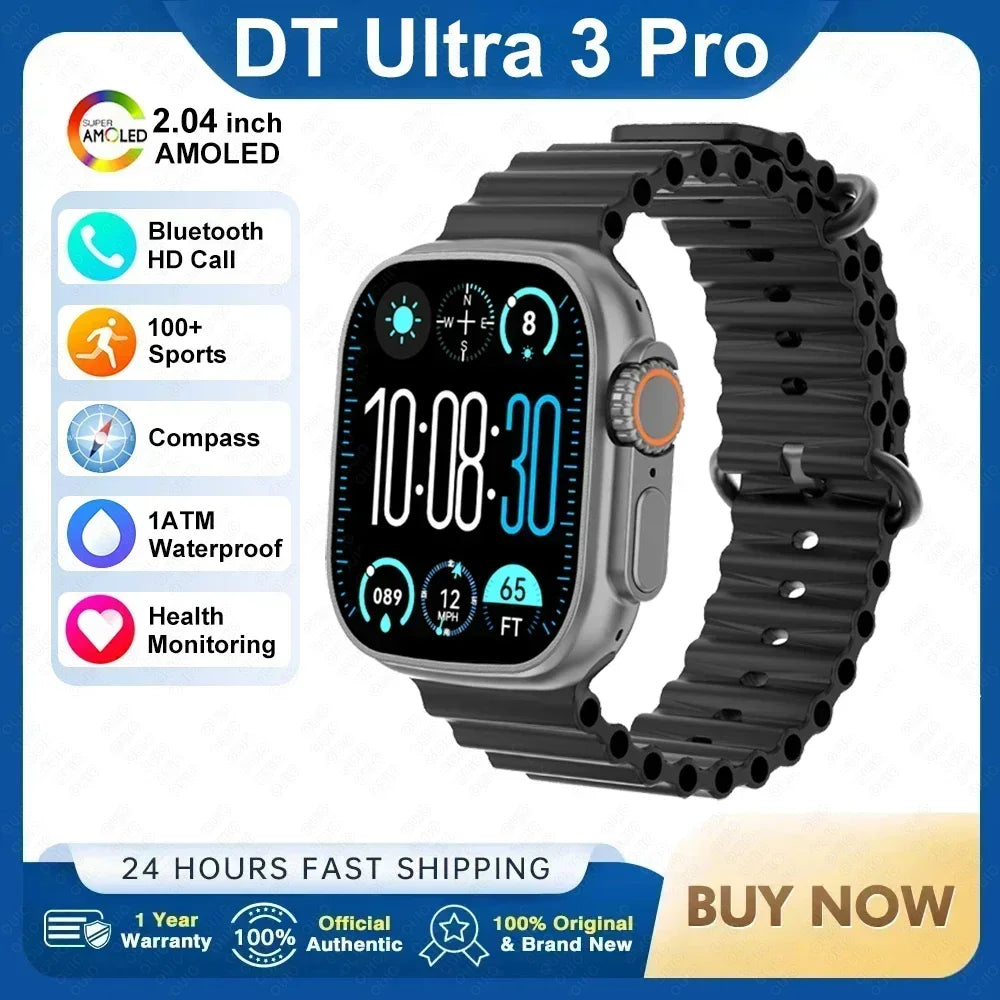 ساعة ذكية DT Ultra 3 Pro جديدة لعام 2025 مزودة بنظام تحديد المواقع العالمي (GPS) من جوجل وذاكرة 32 جيجابايت وموسيقى وفيديو وNFC وبلوتوث ومكالمات مقاومة للماء تعمل بنظامي Android وiOS