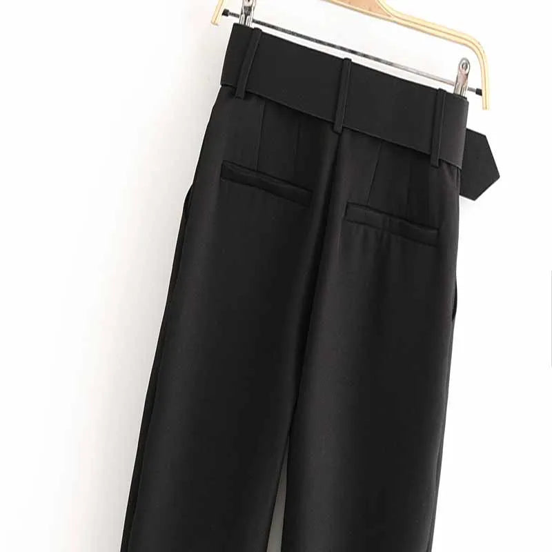 black suit pants woman high waist pants sashes pockets office pants fashion autumn middle aged women bottoms 