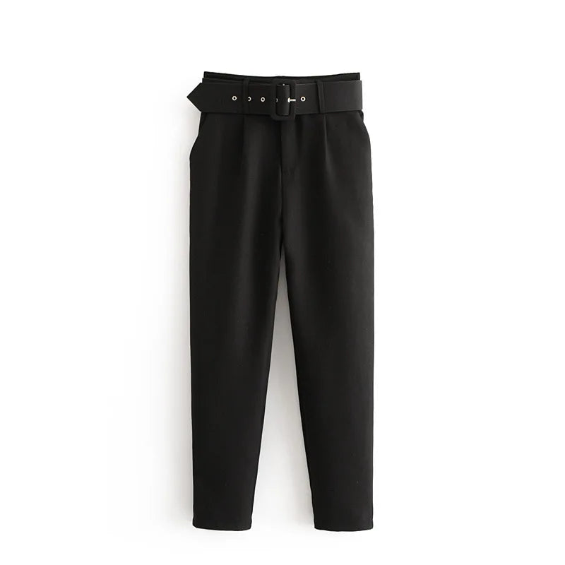 black suit pants woman high waist pants sashes pockets office pants fashion autumn middle aged women bottoms 