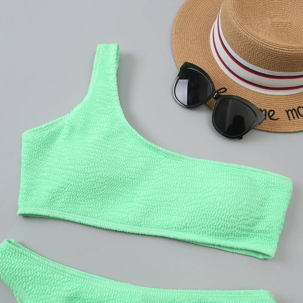 One Shoulder Bikinis 2025 Women Sexy Swimwear Female Brazilian Swimsuit Solid Beachwear Bathers Bathing Swimming Swim Suit