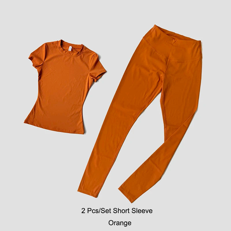 مجموعة يوغا نسائية ملابس رياضية ملابس تمرين ملابس رياضية بنطال رياضي ضيق لياقة بدنية قميص قصير الأكمام بدلة رياضية