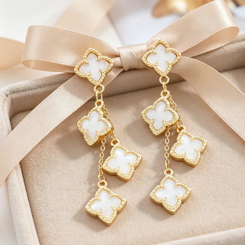 Elegant Long Clover Earrings White Shell Inlay Gold Plated Drop Earrings for Party