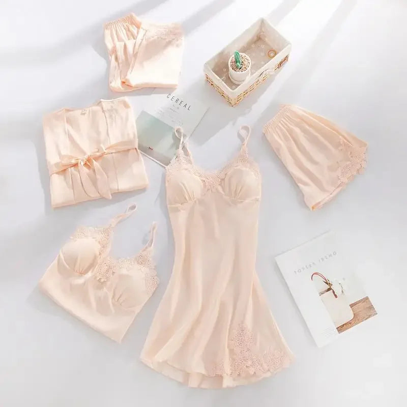 طقم بيجامات نسائي مثير من 5 قطع، بيجامات دانتيل، بياقة على شكل حرف V، بيجامات ساتان، ملابس داخلية حميمية، ملابس نوم ربيعية، ملابس منزلية، بيجامات 